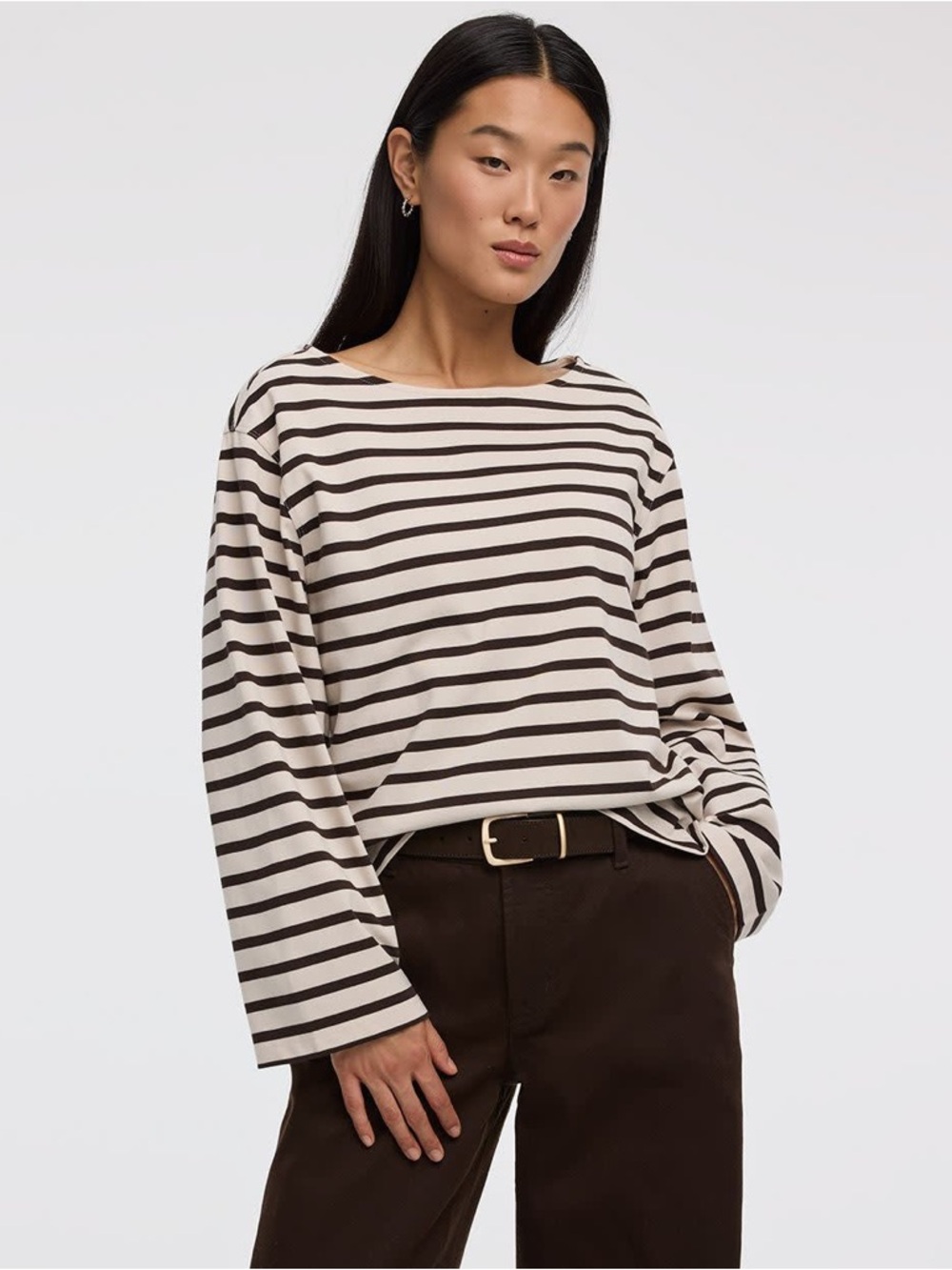 REITMANS Cream and Brown Striped Long Sleeve Boatneck Top